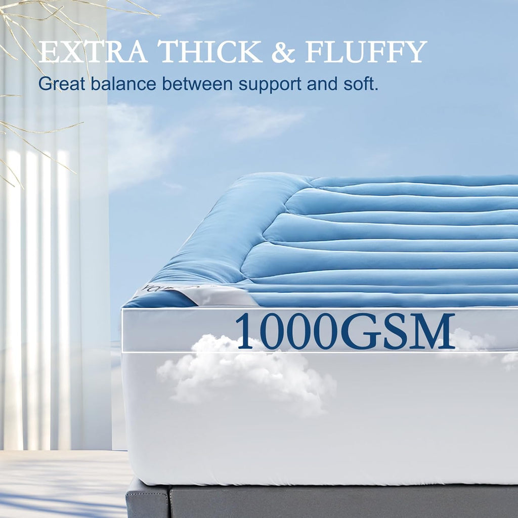 YOUR MOON Queen Size Cooling Mattress Topper, Cool Mattress Pad for Hot Sleepers, Quilted Bed Topper for 8''-16'' Deep Pocket, Soft Thick Pillow Top Pad Cover for Back Pain Relief, 1000GSM (Blue)