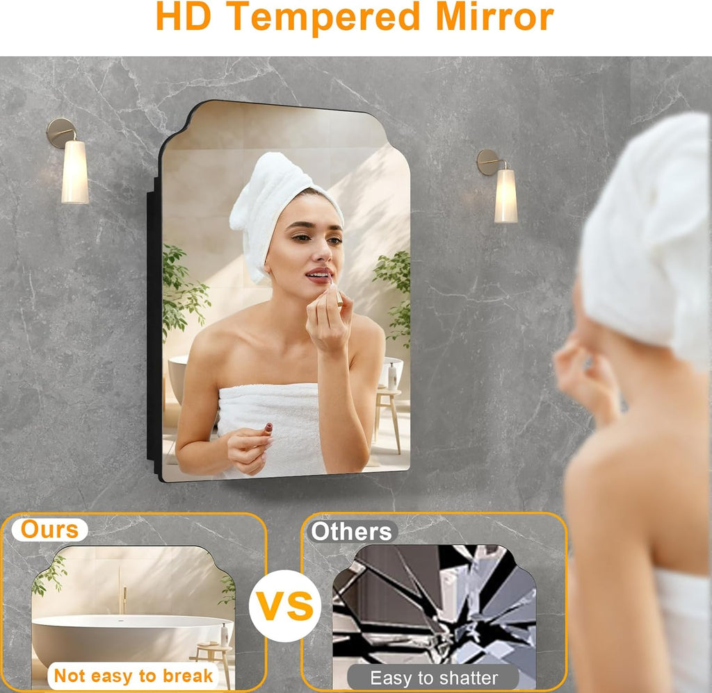 20"x26" Black Irregular Recessed Medicine Cabinet Mirror, Frameless Victorian Bathroom Decorative Mirror with Storage, Surface Mount Medicine Cabinets for Bathroom, Full Metal, 2 Removable Shelves
