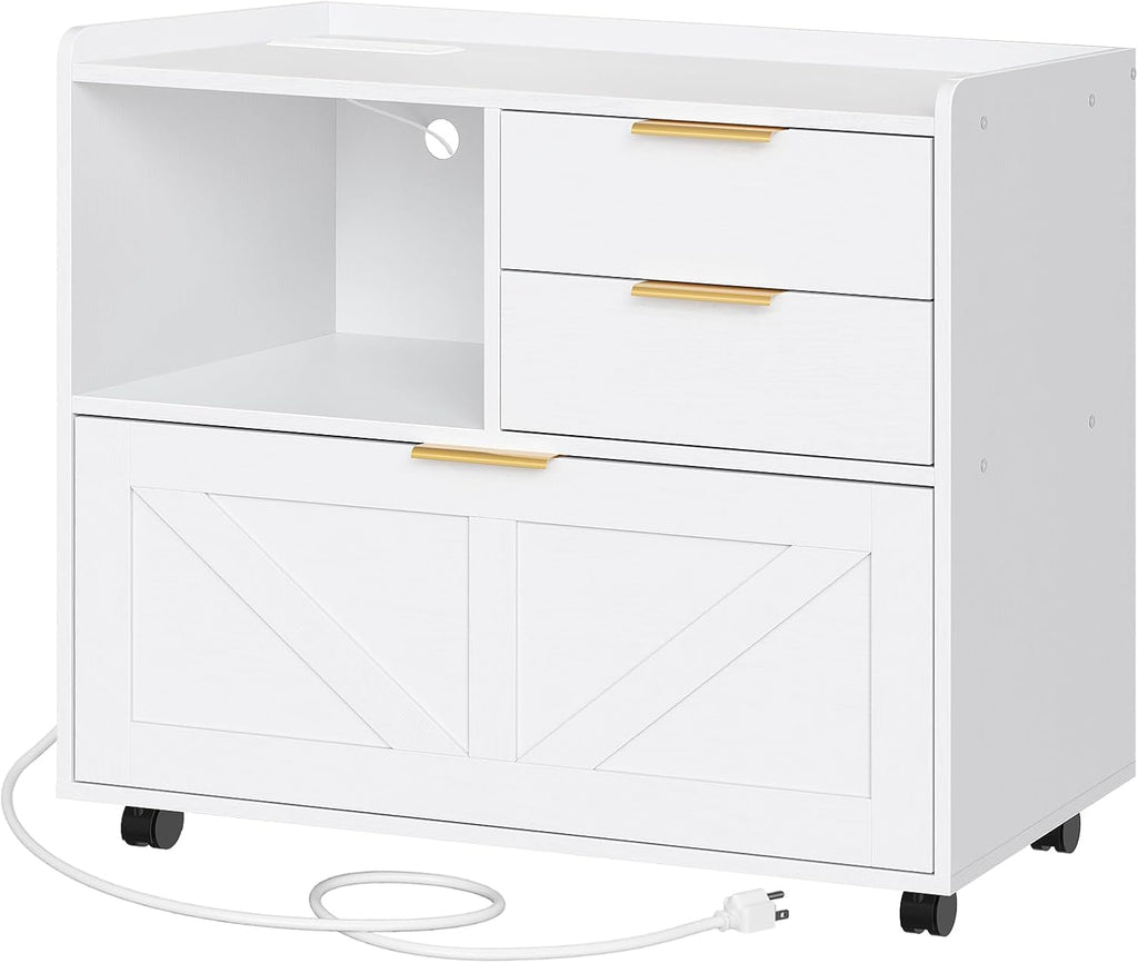 HOOBRO Lateral File Cabinet, Wooden Office Storage Drawers with Charging Station, Filing Cabinet for Home Office, A4/Letter/Legal-Sized Files, Printer Stand with Open Storage Spaces, White WT37UWJ01
