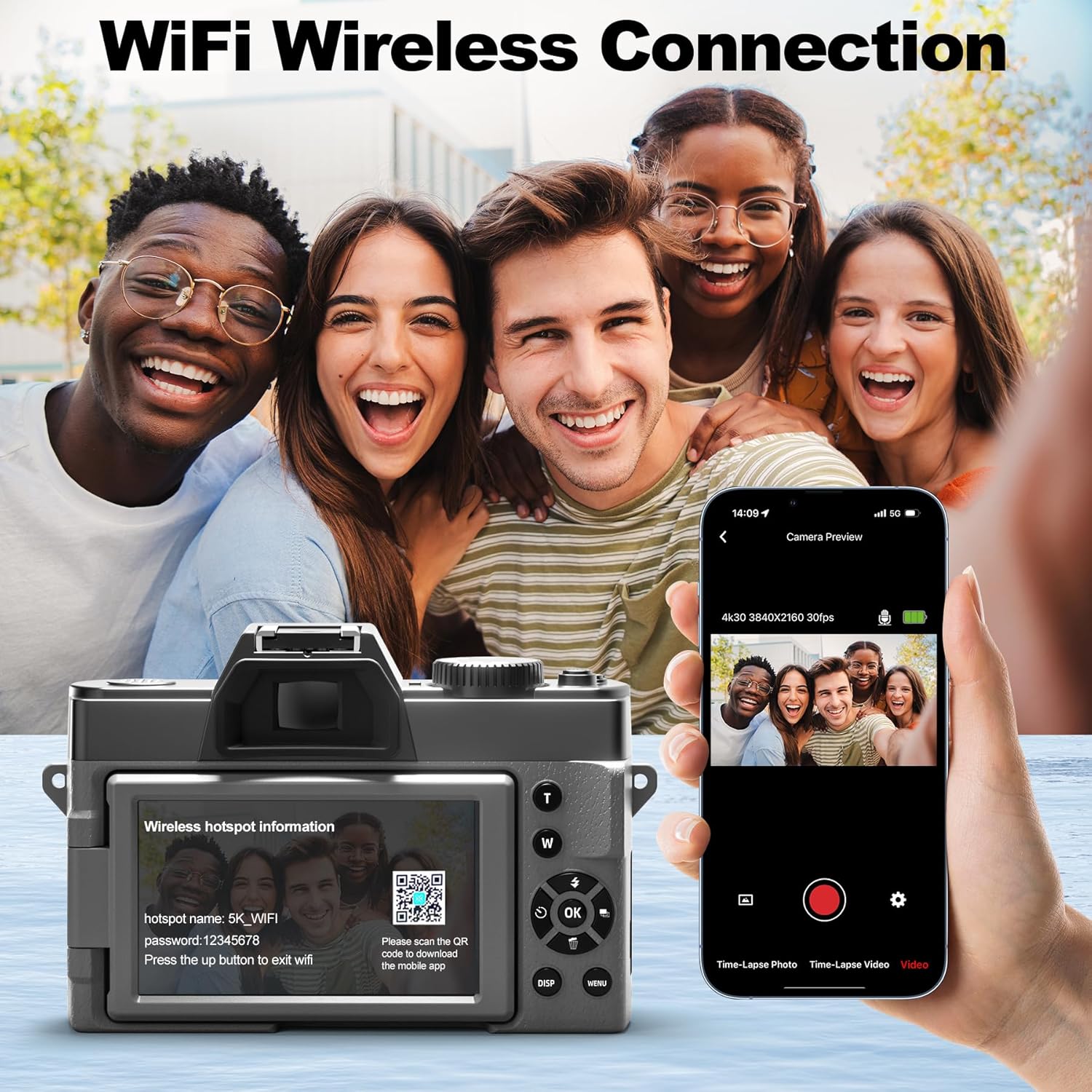 5K Digital Camera for Photography, 64MP Vlogging Camera Kit with 180 Flip Screen, Compact Camera with 64GB TF Card, WiFi, and Wide-Angle & Macro Lens, Autofocus 16X Zoom for Beginners (Black)