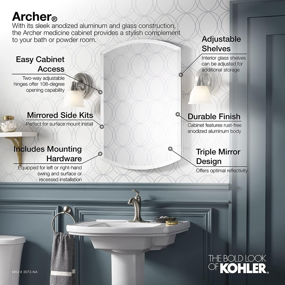Kohler 3073-NA Archer 20" W x 31" H Aluminum Single-Door Bathroom Medicine Cabinet with Mirror, Recessed or Surface Mount Bathroom Wall Cabinet, Beveled Edges