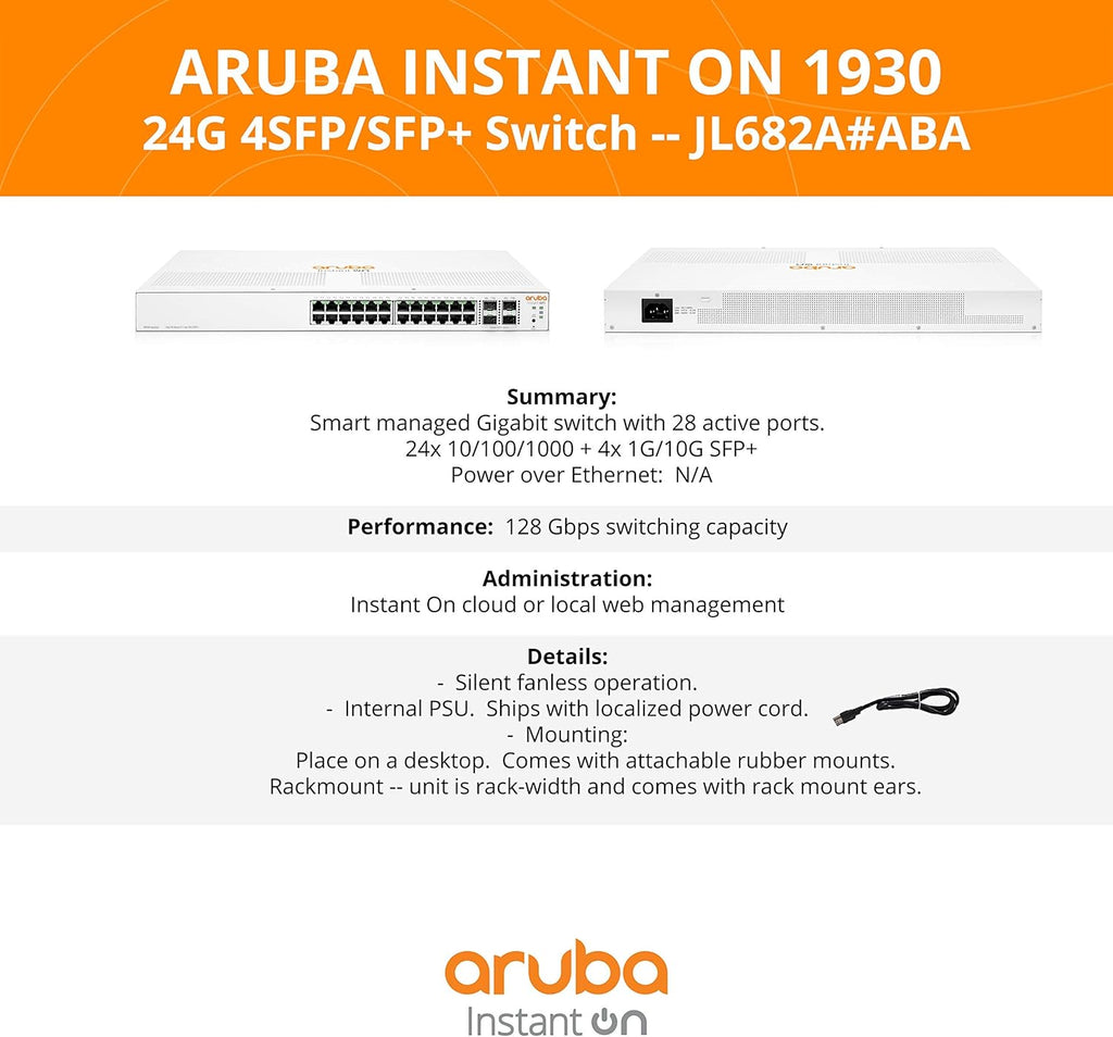 Aruba Instant On 1930 24-Port Gb Ethernet 24xGE, 4X 1G, 10G SFP+, L2+ Smart Switch US Cord (JL682A#ABA) (Renewed)