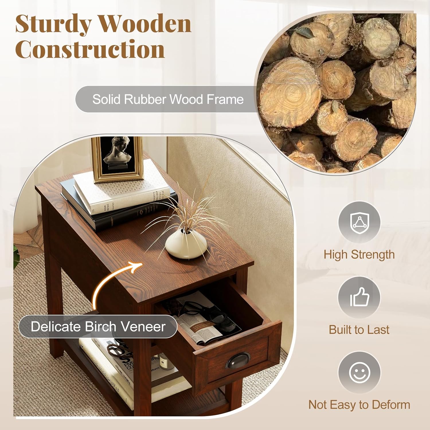 Giantex End Table with Drawer Set of 2, Retro Narrow Side Table, Nightstand with Solid Wood & Storage Shelf, Bedside Table for Living Room Bedroom Small Space Home Office (2, Walnut)