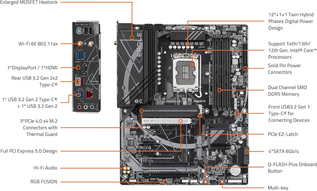 GIGABYTE Z790 Eagle AX LGA 1700 ATX Motherboard, Support Intel Core 14th/13th/12th Gen, DDR5, 12+1+1 Power Phase, 3X M.2, PCIe 5.0, USB-C 3.2, WIFI6E, 2.5GbE, Q-Flash, EZ-Latch, RGB Fusion