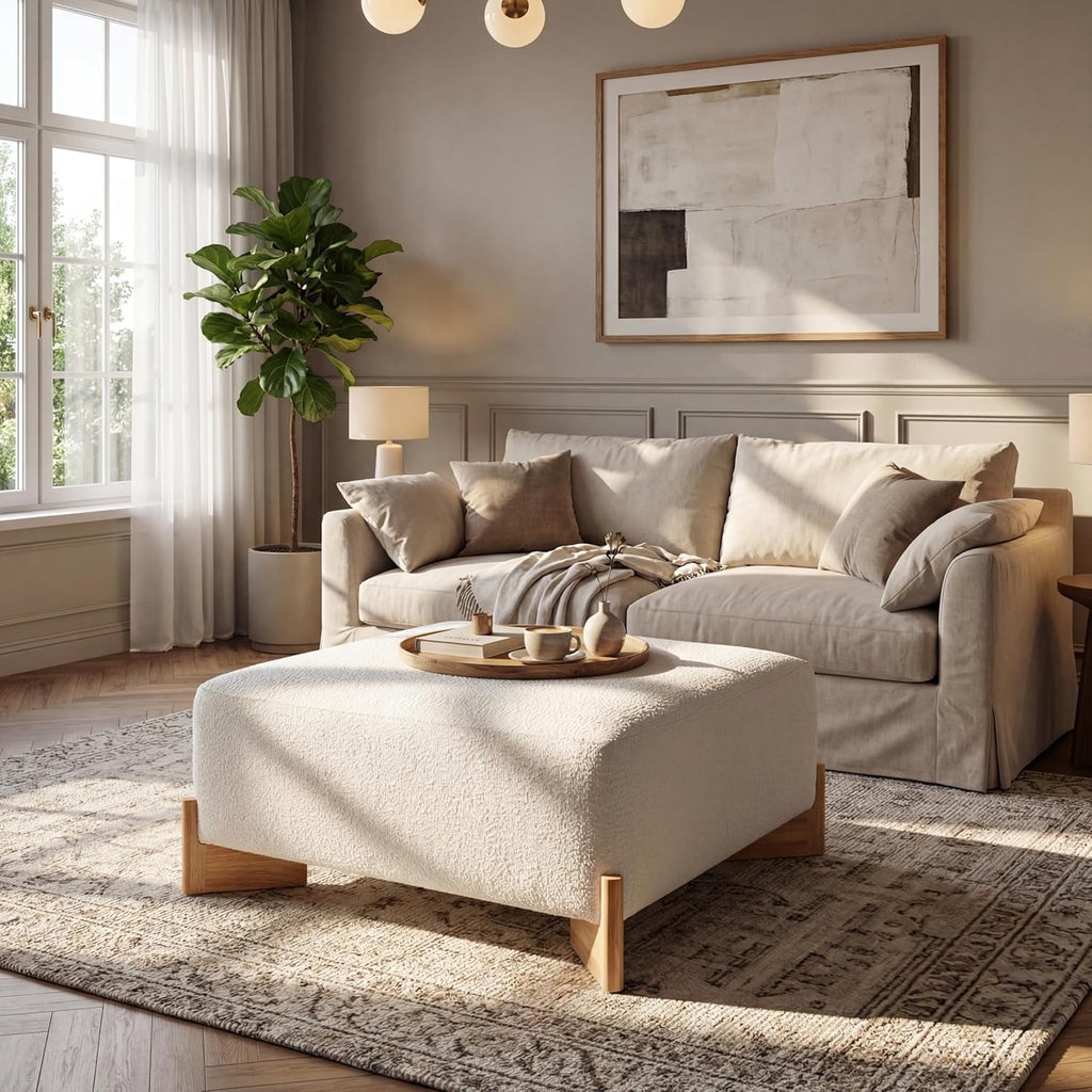 PU Leather Large Square Ottoman with Solid Wooden Legs, 30.5" Faux Leather Coffee Table for Living Room, Ivory