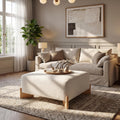 PU Leather Large Square Ottoman with Solid Wooden Legs, 30.5" Faux Leather Coffee Table for Living Room, Ivory