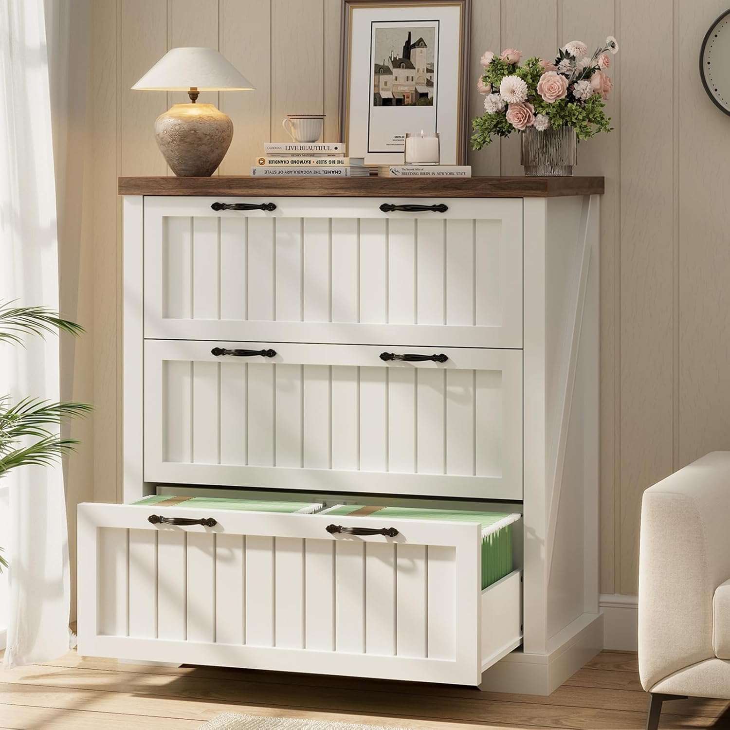 SEDETA 3 Drawer File Cabinet, Farmhouse Filing Cabinet for Home Office, Wood Office File Cabinets for Letter/Legal/A4 Size, Lateral File Cabinets with Printer Stand, White + Brown