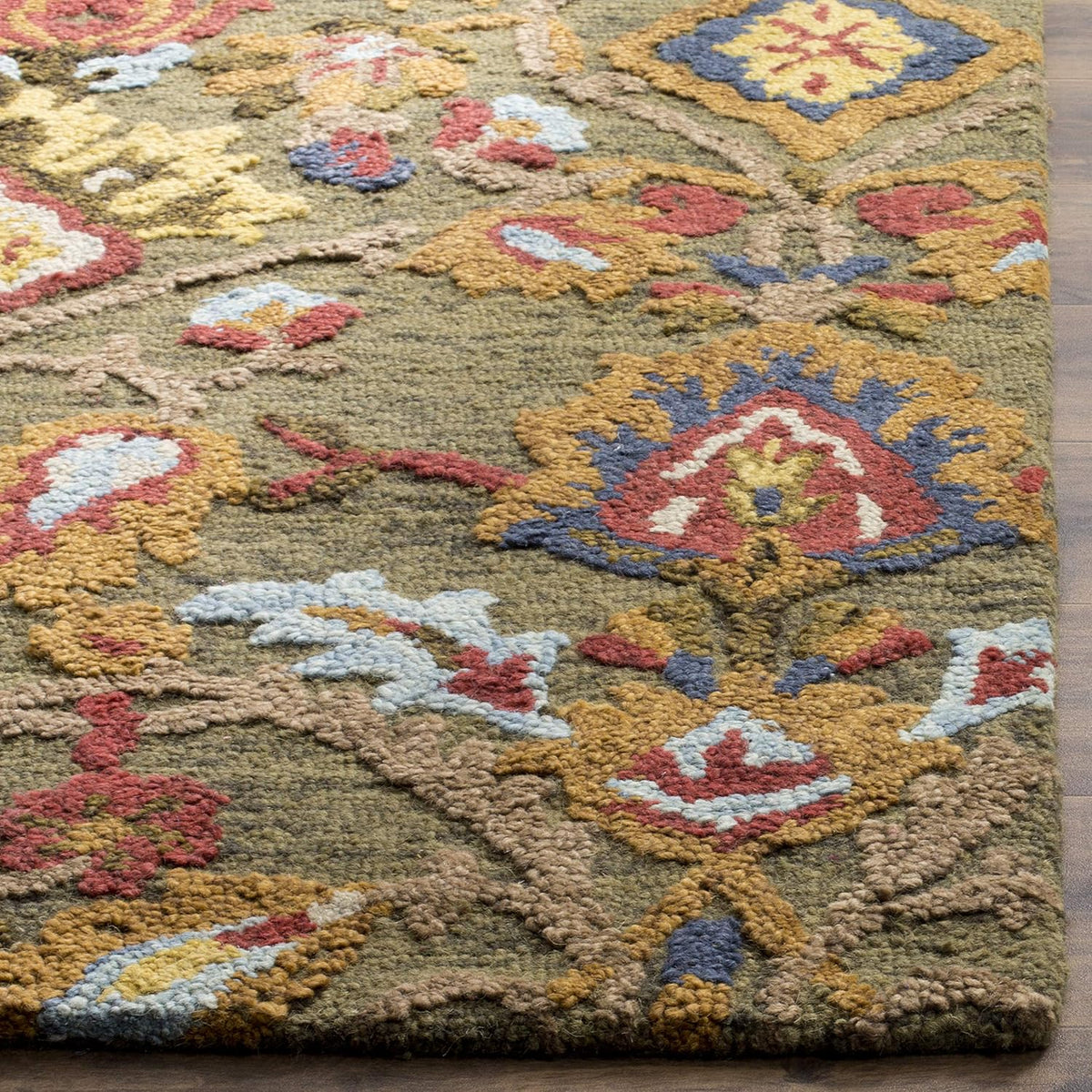SAFAVIEH Blossom Collection Area Rug - 9' x 12', Green & Multi, Handmade Wool, Ideal for High Traffic Areas in Living Room, Bedroom (BLM402B)
