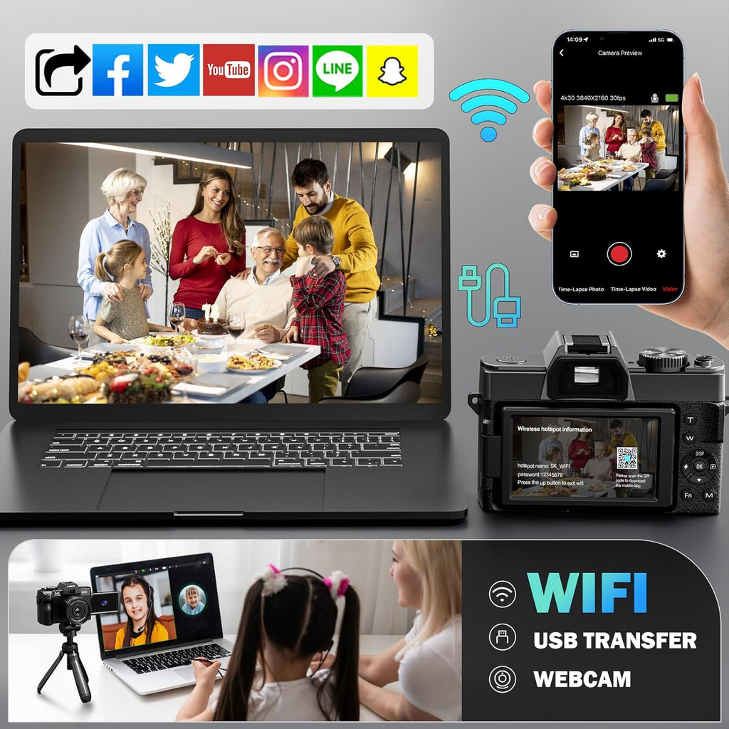 True 5K Digital Cameras for Photography 64MP - 16X Zoom, WiFi, with 64GB TF Card, Wide-Angle & Macro Lens, Autofocus & Anti-Shake, Vlogging Camera for YouTube Travel (Black)