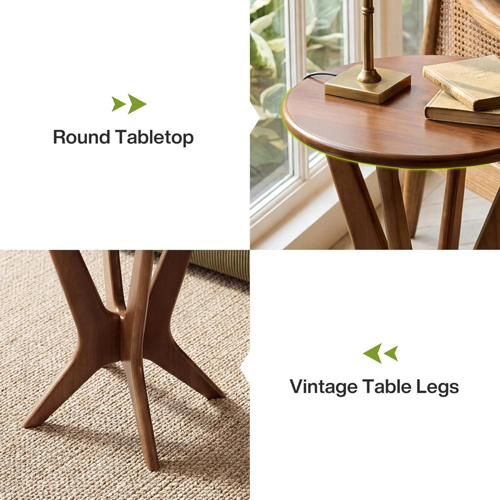LITTLE TREE Solid Wood Round End Table, 19.7” Vintage Side Table for Small Spaces, Small Round Nightstand Bedside Table for Living Room Bedroom, Brown
