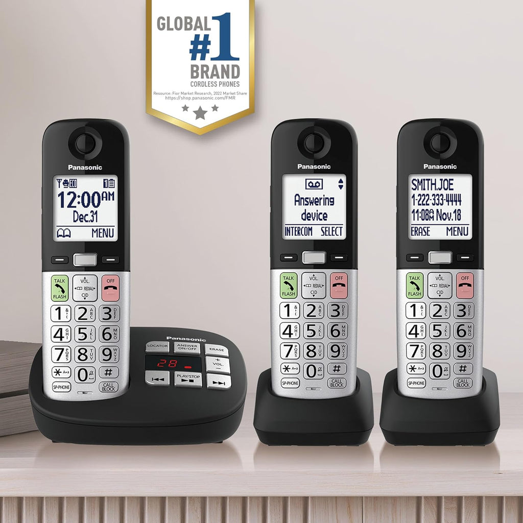 Panasonic Cordless Phone, Easy to Use with Large Display & Big Buttons, Flashing Favorites Key, Flashlight, Call Block, Volume Boost, Talking Caller ID, House Phones, 3 Handsets - KX-TGU433B