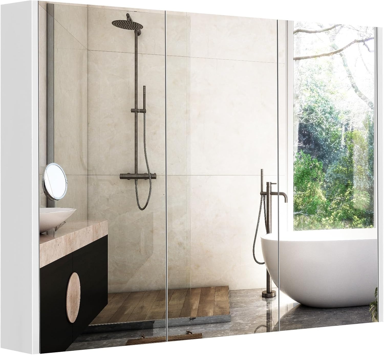 Tangkula Medicine Cabinet with Mirror, Frameless Bathroom Wall Mounted Cabinet with 3 Doors and Adjustable Shelves, Storage, Recess or Surface Mount Installation