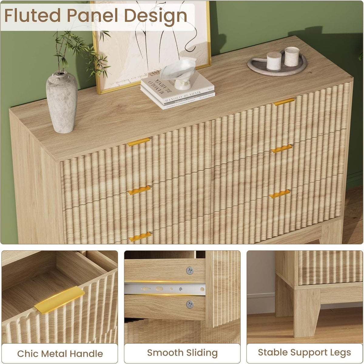 Garvee 6 Drawer Dresser for Bedroom, 47" Wide Fluted Chest of Drawers with Metal Handle, Modern Wooden Dresser TV Stand, Clothes Storage Organizer Wood Closet for Hallway, Entryway, Natural Oak