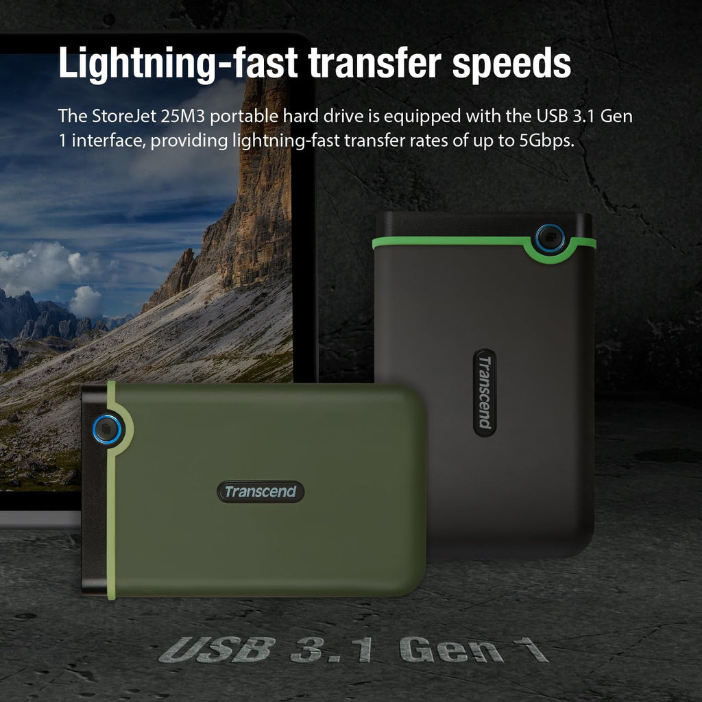 Transcend StoreJet 2TB Rugged External Hard Drive, USB3.1(5Gbps) Portable HDD w/One Touch Auto-Backup Button/Anti-Shock Resistant/Compact&Lightweight/Lightning-Fast Speeds, Iron Gray - TS2TSJ25M3S