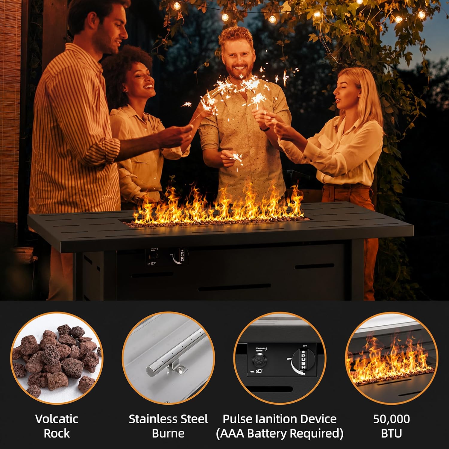 43 Inch Propane Fire Pit Table for Patio & Backyard, 50,000 BTU Steel Gas Fire Pit with Lid & Lava Rocks, Outdoor Table Heater for Deck, Garden, Smokeless Flame