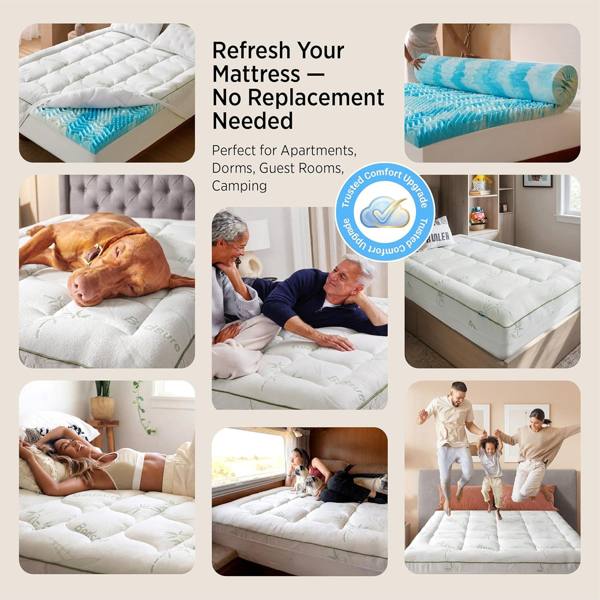 Bedsure 5 Inch Memory Foam Mattress Topper Queen, 2-in-1 Dual Layer, 3 Inch Memory Foam + 2 Inch Viscose Made from Bamboo Mattress Topper Pad Cover, Flippable Memory Foam with Dual Comfort, White