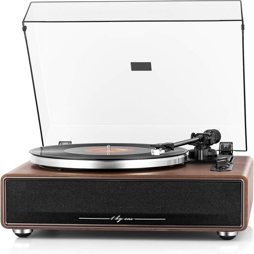 1 BY ONE High Fidelity Belt Drive Turntable with Built-in Speakers, Vinyl Record Player with Magnetic Cartridge, Wireless Playback and Aux-in Functionality, Auto Off
