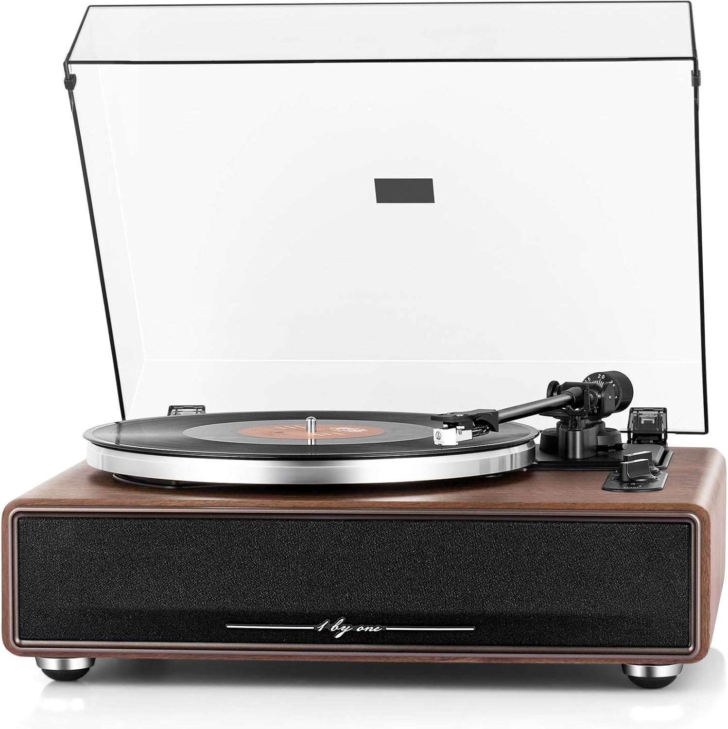 1 BY ONE High Fidelity Belt Drive Turntable with Built-in Speakers, Vinyl Record Player with Magnetic Cartridge, Wireless Playback and Aux-in Functionality, Auto Off
