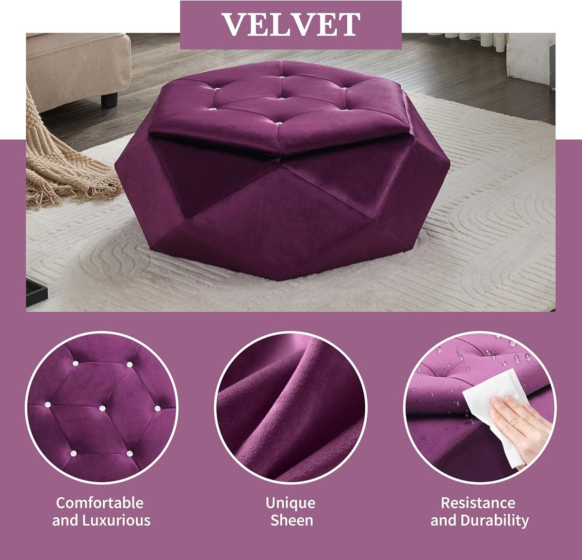 Christopher Knight Home Kiin Velvet Storage Ottoman, Medium Ottoman Foot Rest, Foot Stools Ottoman with Storage, Living Room Sofa Couch Extra Seat, Modern Coffee Table for Home Office, Purple
