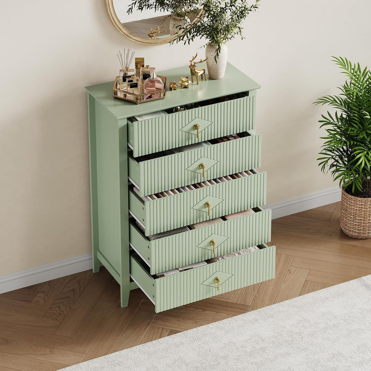 GarveeHome Fluted Dresser for Bedroom, 42.9" Tall 5-Drawer Wood Dresser, Modern Chest of Drawers, Storage Organizer Cabinet for Living Room, Hallway, Entryway, Green