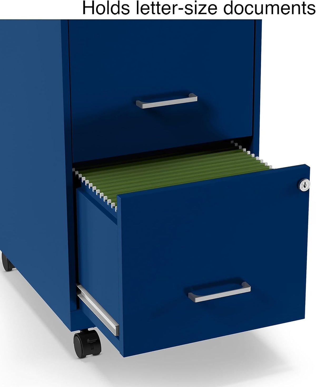 STAPLES 2-Drawer Vertical File Cabinet, Letter Size Documents, Lockable & Mobile, 18" D x 14" W x 26.3" H, Blue