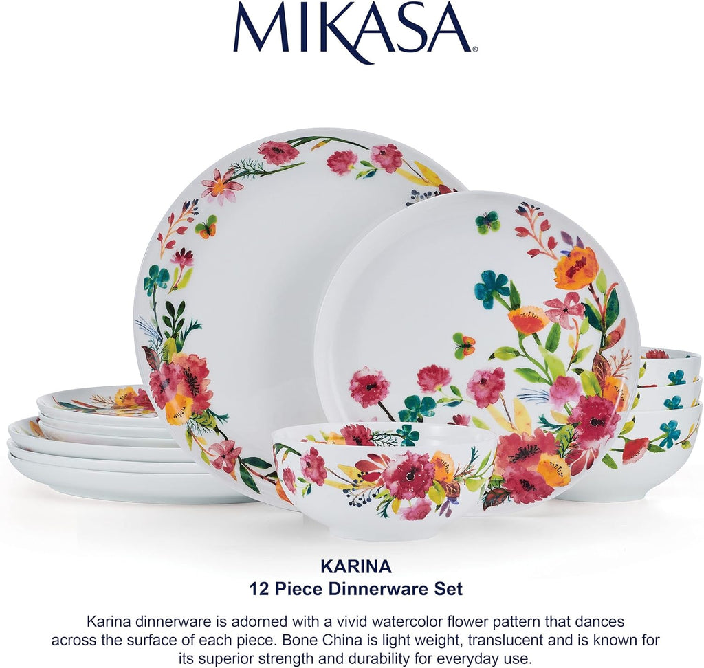 Mikasa Karina Bone China Lightweight Chip Resistant 12 Piece Dinnerware Set, Service for 4