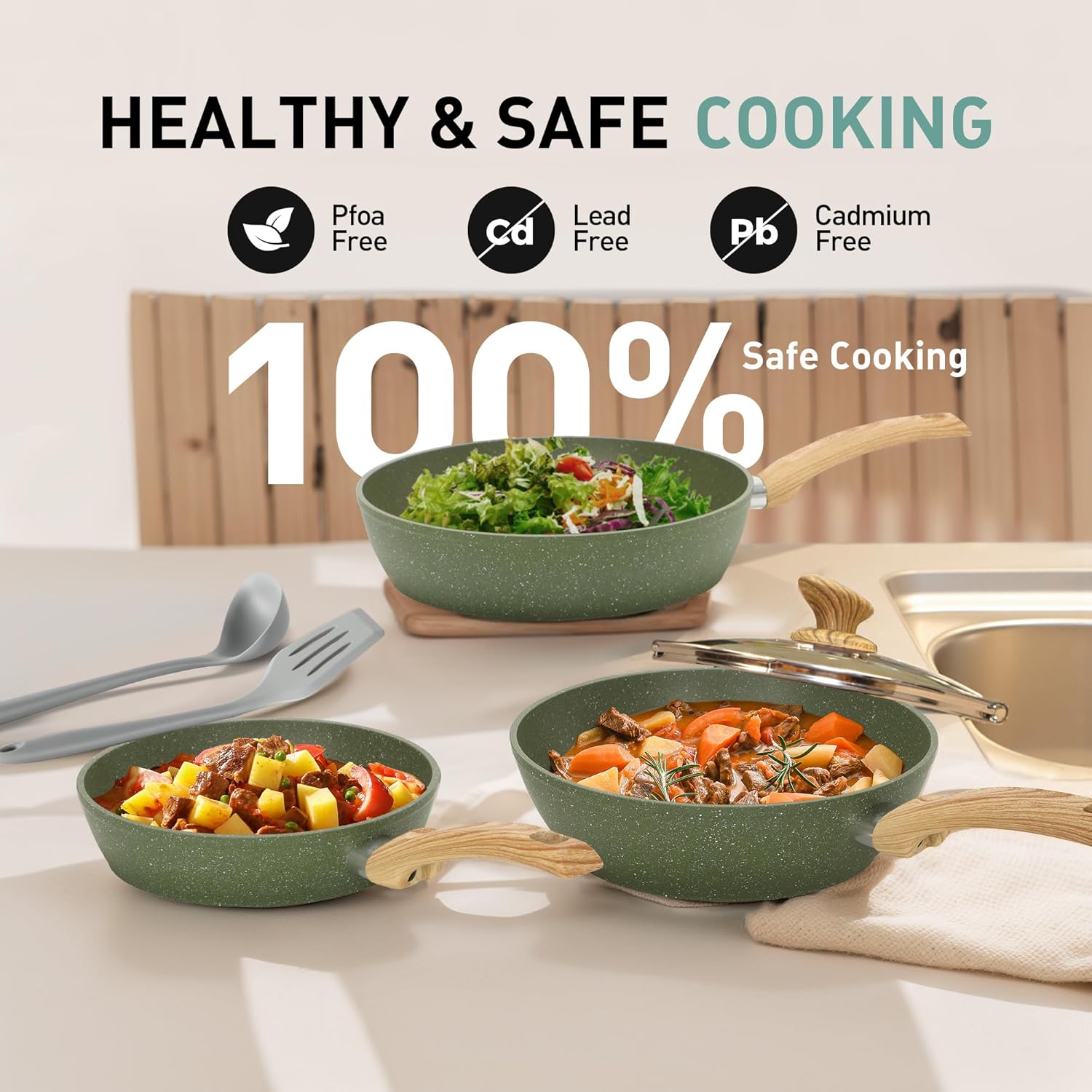 MAISON ARTS 30 Piece Pots and Pans Set Non Stick, Kitchen Cookware & Bakeware Sets with Nonstick Granite Coating, Baking Tray, Frying Pan and Saucepan, Green