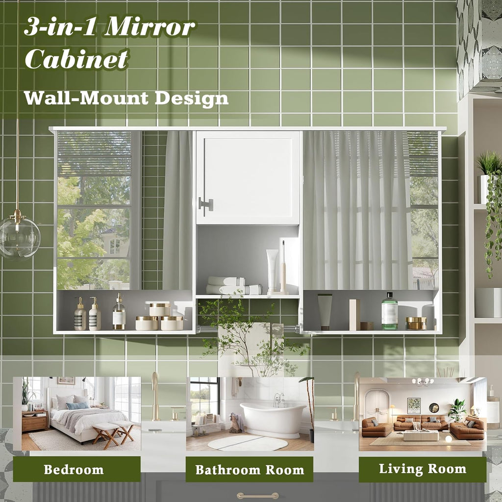 Merax Medicine Cabinet for Bathroom, Wall Mount Bathroom Cabinet with Mirror, Open Shelf, and Towel Bar, 55" W x 28.7" H Over The Toilet Mirrored Bath Wall Cabinet