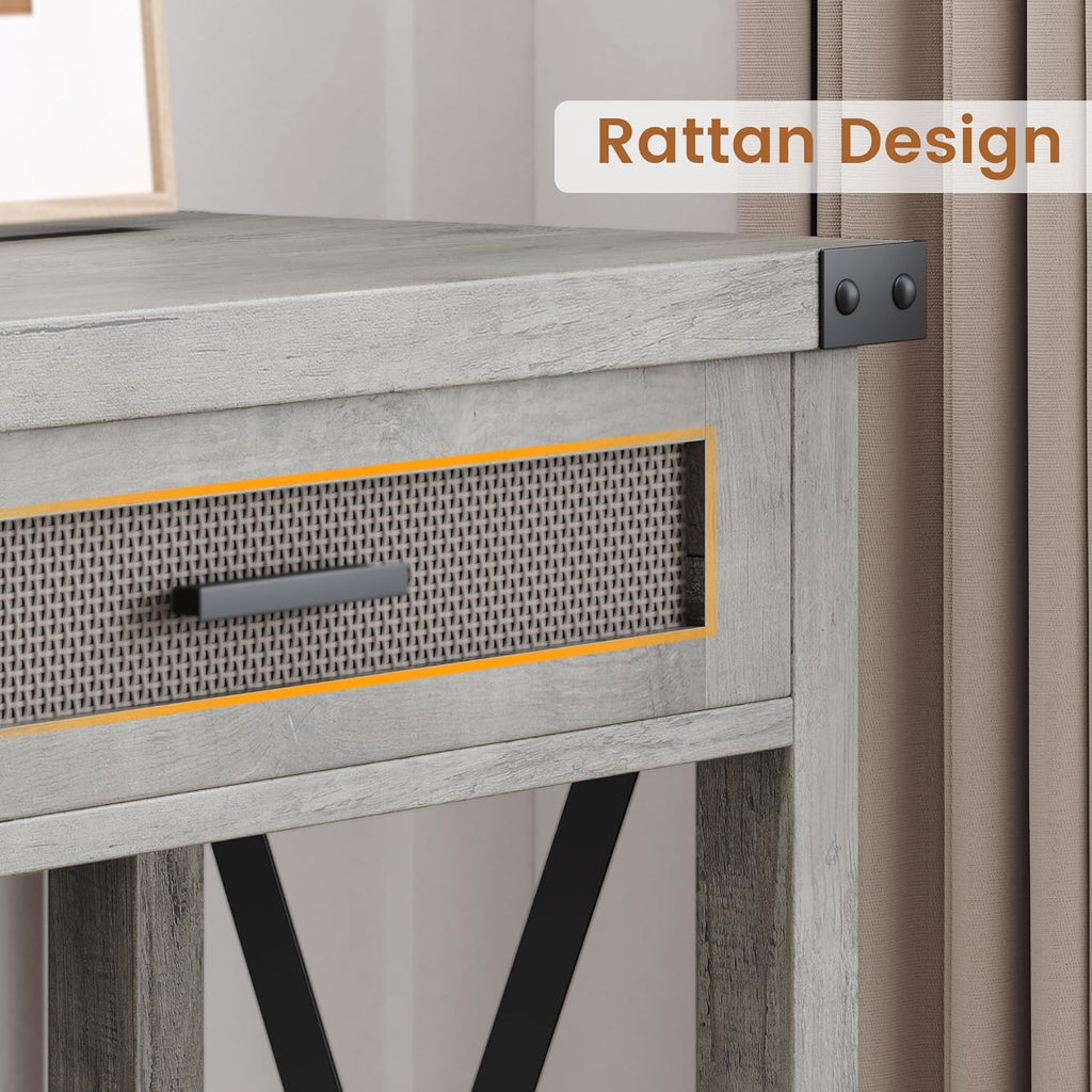 IDEALHOUSE Farmhouse Entryway Table, Grey Console Table with Rattan Drawers, 43" Sofa Table with Storage, Console Tables for Entryway, Living Room, Hallway, Foyer-Grey