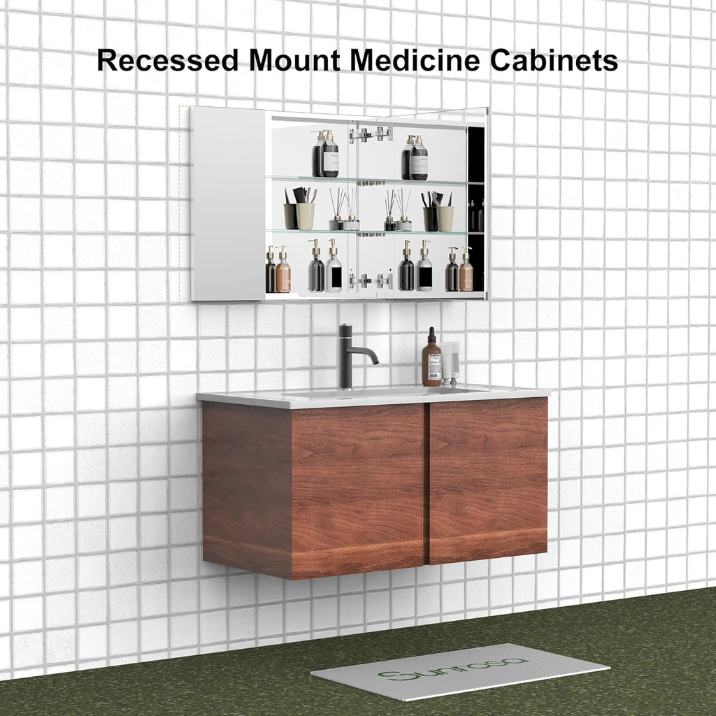 Sunrosa Aluminum Bathroom Medicine Cabinet with Mirror Door, 48" x 27.5", 3-Door Wall-Mounted & Recessed Bathroom Medicine Cabinet Organizer