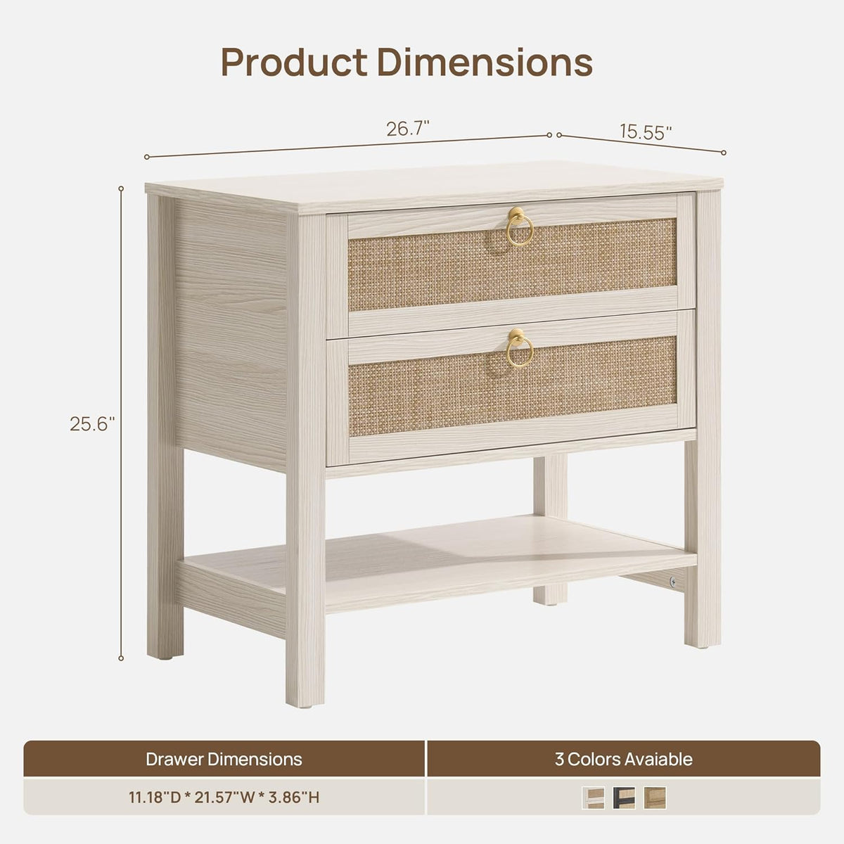 SICOTAS 26.7" Wide Boho Rattan Nightstand, White Oak Bedside Table with 2 Drawers & Open Shelf, Large Side Table for King Size Bed, Modern Coastal Accent Table for Bedroom