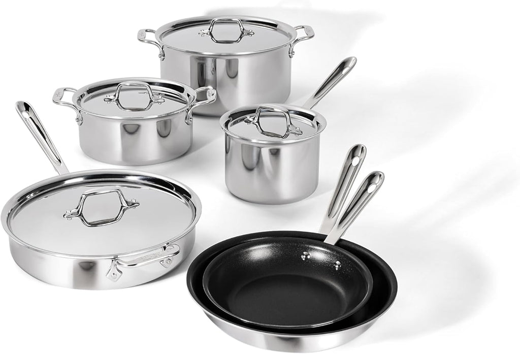 All-Clad D3 3 Ply Stainless Steel Nonstick Bonded Cookware Set 10 Piece, Oven Broiler Safe 600F, Kitchen Cooking Set w/Frying Pan, Sauce Pan, Saute Pan, Stockpot, Professional Pots & Pans Set Silver