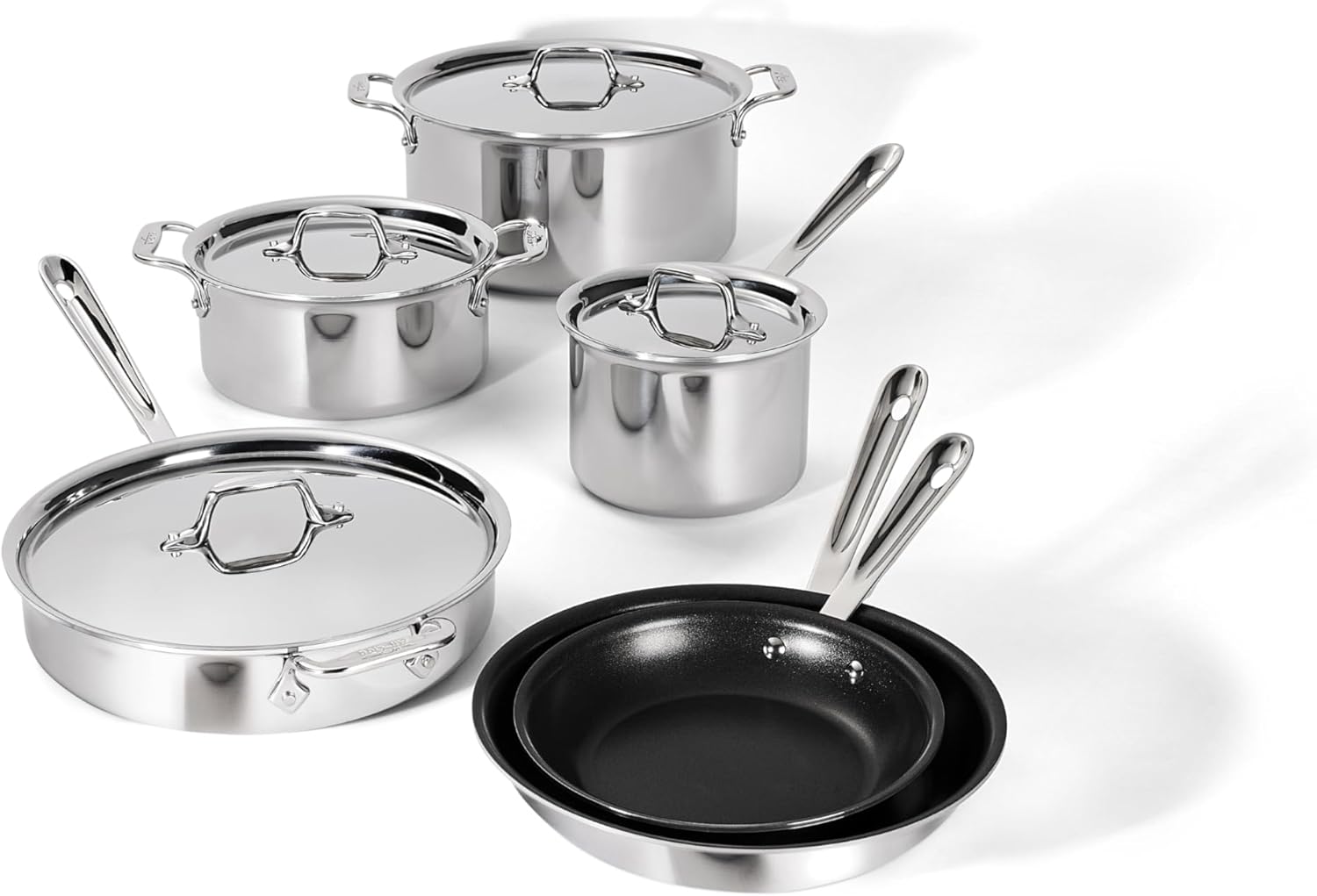 All-Clad D3 3 Ply Stainless Steel Nonstick Bonded Cookware Set 10 Piece, Oven Broiler Safe 600F, Kitchen Cooking Set w/Frying Pan, Sauce Pan, Saute Pan, Stockpot, Professional Pots & Pans Set Silver