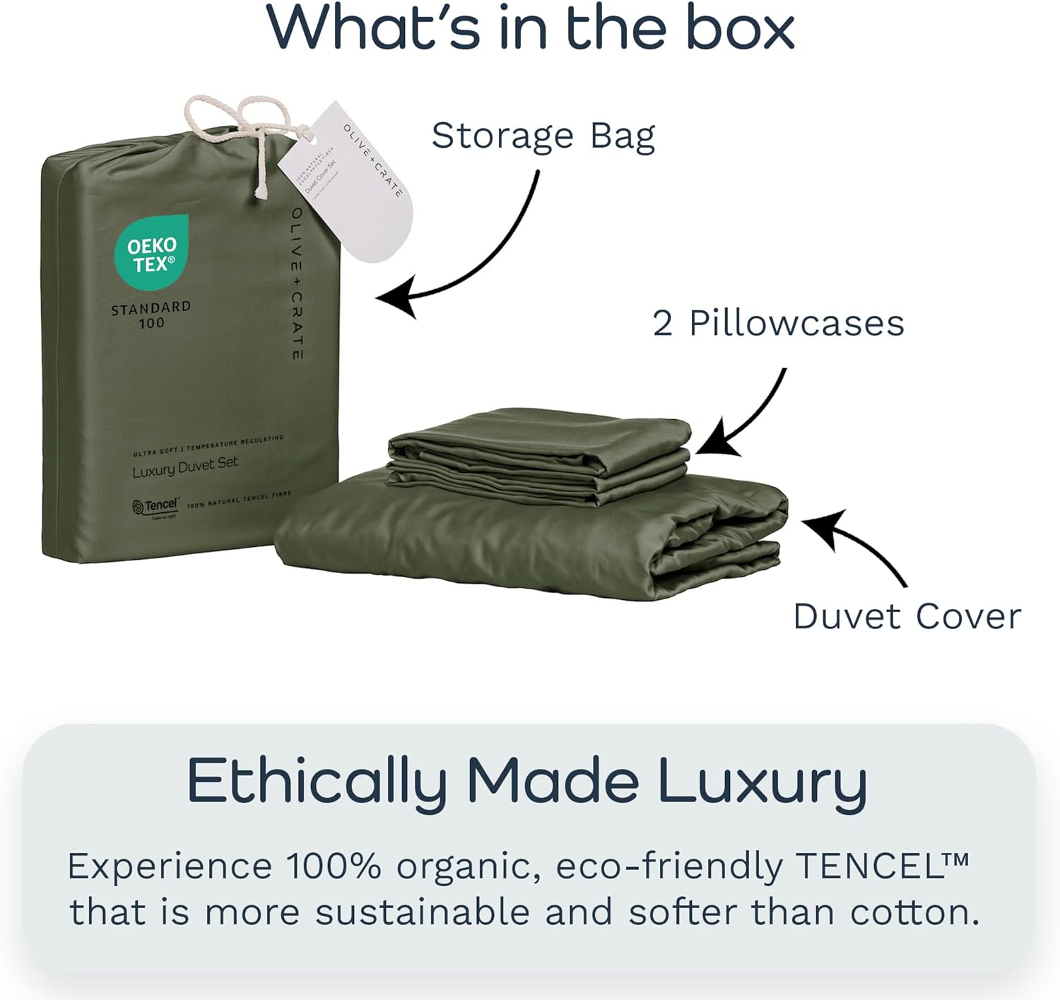 Olive + Crate Queen Size Tencel Duvet Cover Set - Hypoallergenic, Cooling Eucalyptus Duvet Cover for Hot Sleepers with Two Pillowcases - Moss 3-Piece