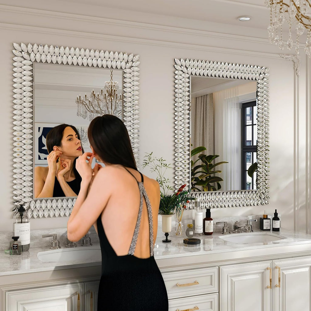Kelly Miller 30"x40" Jeweled Bathroom Wall Mirror, Large Rectangle Decorative Mirror Luxury Vanity Mirror with Diamonds for Master Bath Half Bath Living Room Bedroom Fireplace Mantle Entryway