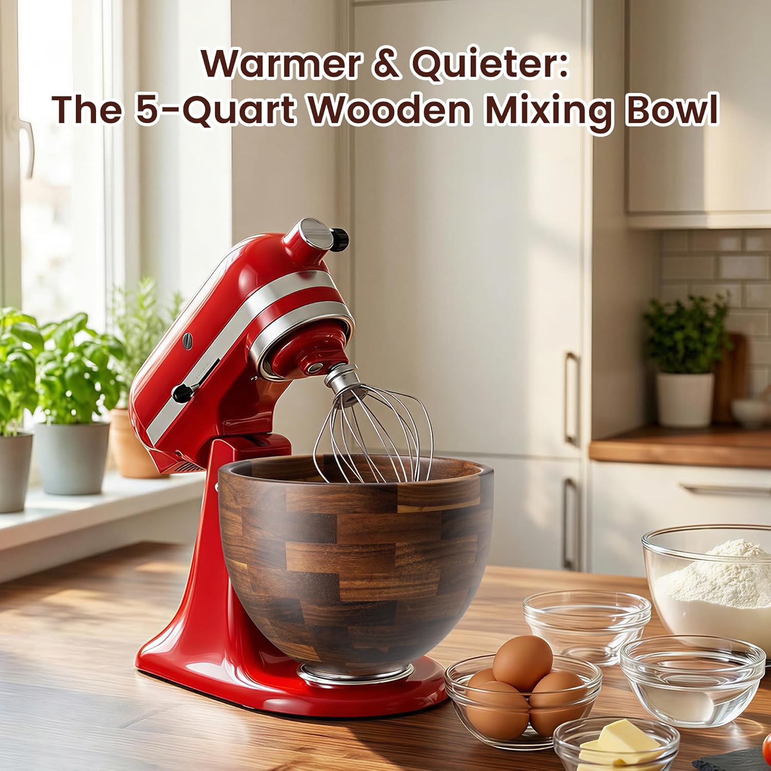 KitchenAid 5 QT Solid Acacia Wood Mixing Bowl for 4.5 & 5 Quart Tilt-Head Stand Mixers with Locking Steel Base, Warmer & Quieter Replacement Bowl for Baking & Dough, Kitchen Gift Idea