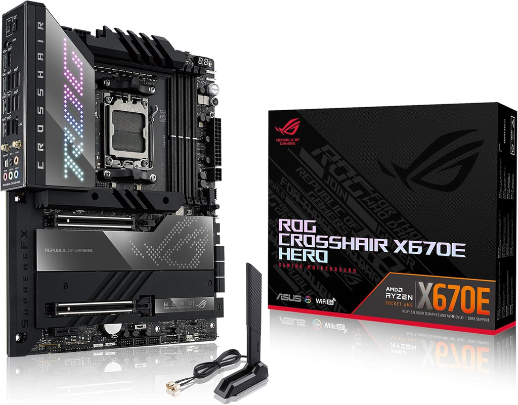 ASUS ROG Crosshair X670E Hero AMD X670 AM5 Ryzen™ Desktop 9000 8000 & 7000 ATX Motherboard, 18 + 2 Power Stages,PCIe® 5.0, DDR5, 5X M.2 Slots, USB 3.2 Gen 2x2 with Quick Charge 4+, USB4®, Wi-Fi 6E