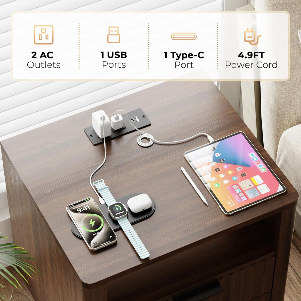 Fluted Nightstand with Charging Station, 2 Drawers Storage Bedside Table, Solid Wood Modern Nightstand with Open Shelf, Curved Profile Design, End Table for Indoor Room Bedroom Office, Walnut