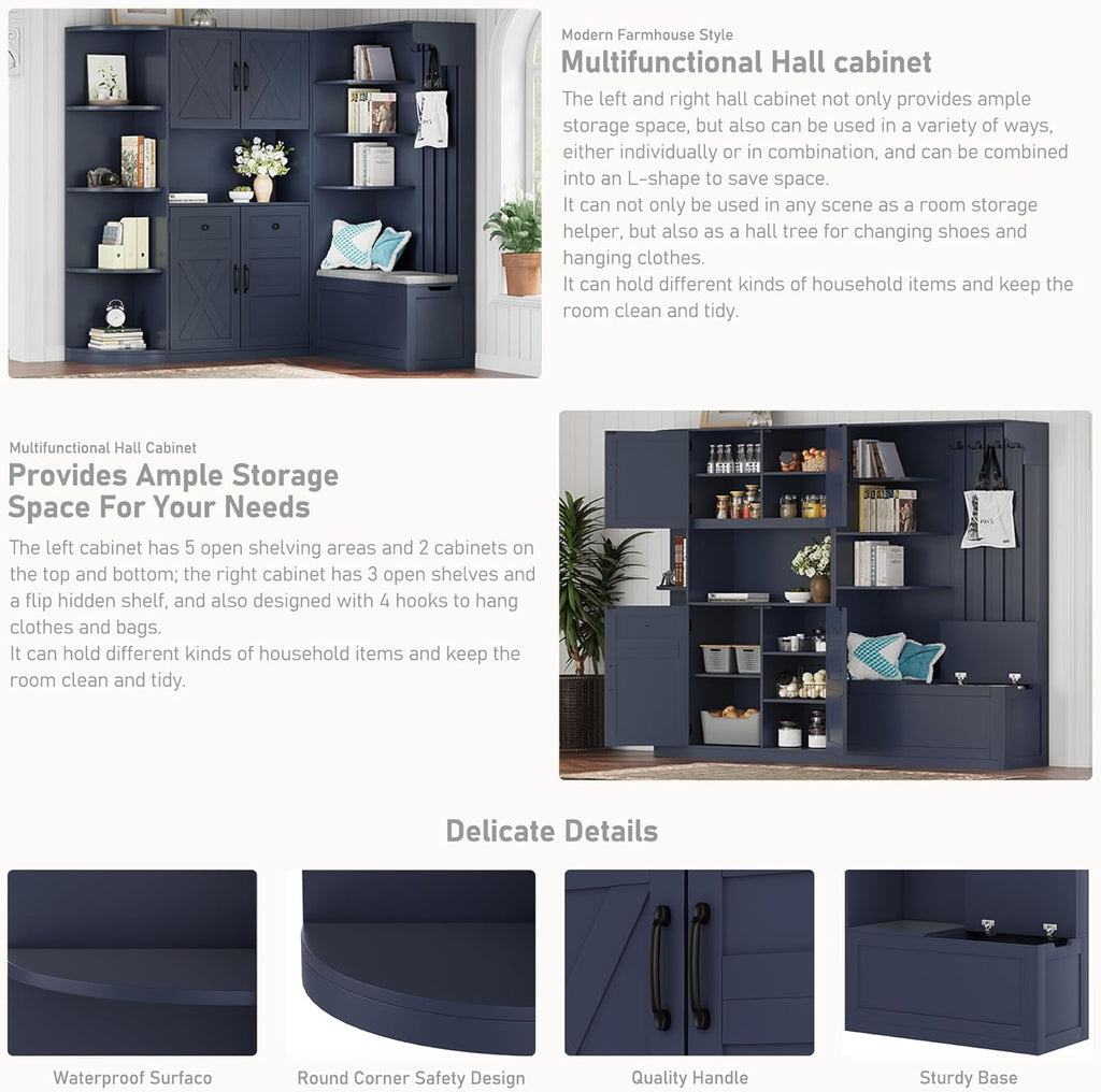 Multifunctional Hall Tree with Shoe Bench & Storage Cabinet,2-in-1 Left-Right L-Shaped Corner Entryway Cabinets with Coat Rack & Open Shelves,Modern Storage Organizer for,Living Room (Antique Blue)
