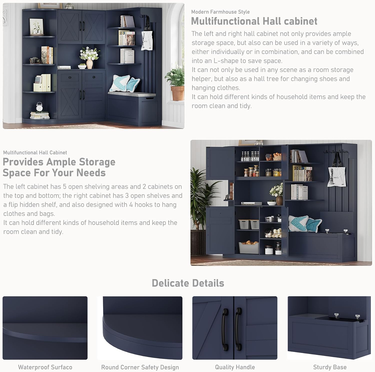 Multifunctional Hall Tree with Shoe Bench & Storage Cabinet,2-in-1 Left-Right L-Shaped Corner Entryway Cabinets with Coat Rack & Open Shelves,Modern Storage Organizer for,Living Room (Antique Blue)