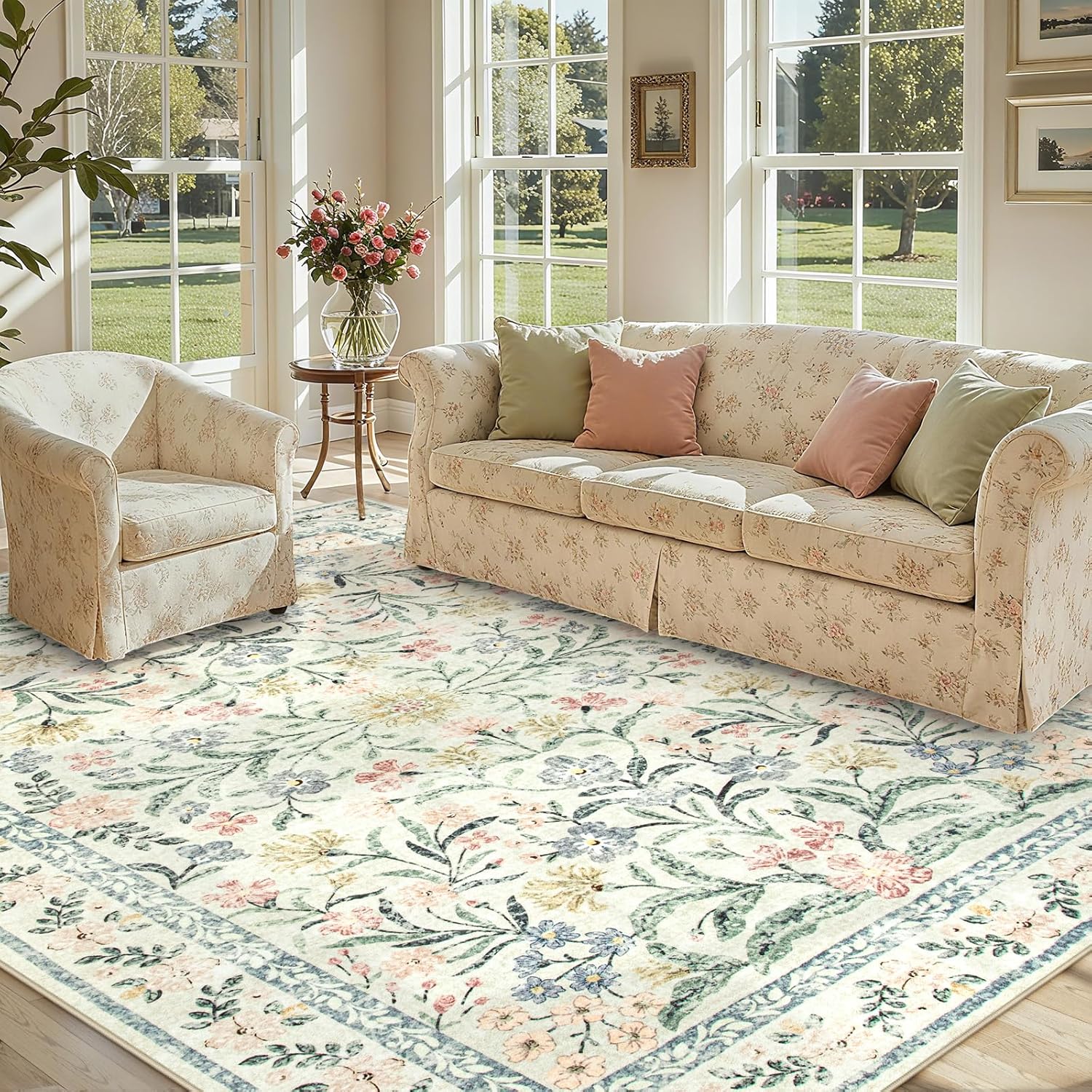 Lahome Sylvie Boho Rugs for Living Room, Washable Large 8 x 10 Area Rugs for Bedroom Non Slip, Soft Ultra-Thin Distressed Floral Throw Carpet for Office Dining Room, Cream/Multi