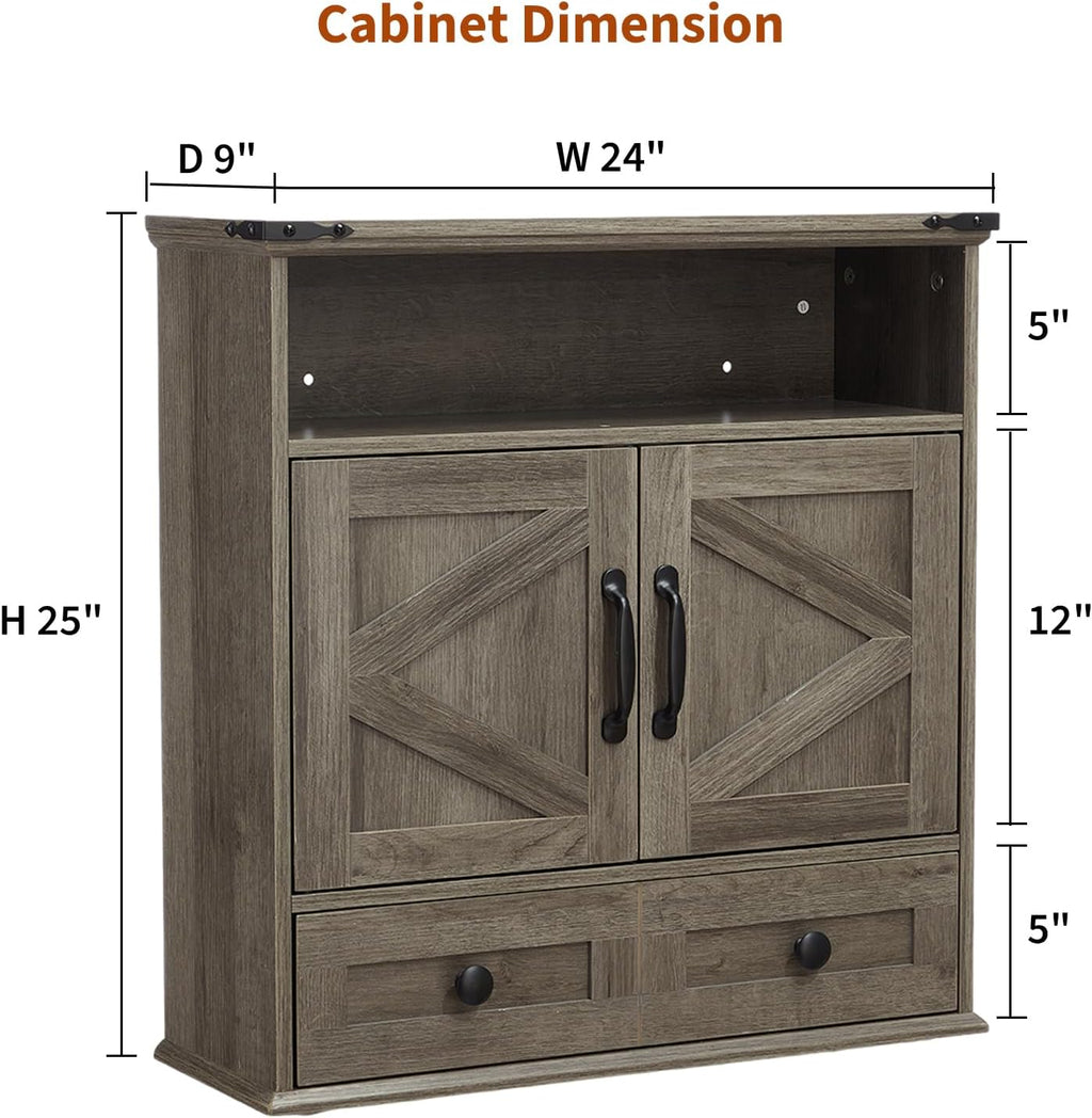 Wall Mounted Bathroom Cabinet with Barn Doors – 25" Wide Medicine Cabinet Over Toilet with Adjustable Shelf & Drawer, Hangging Storage Cabinet for Bathroom, Kitchen, Laundry, Entryway, Gray