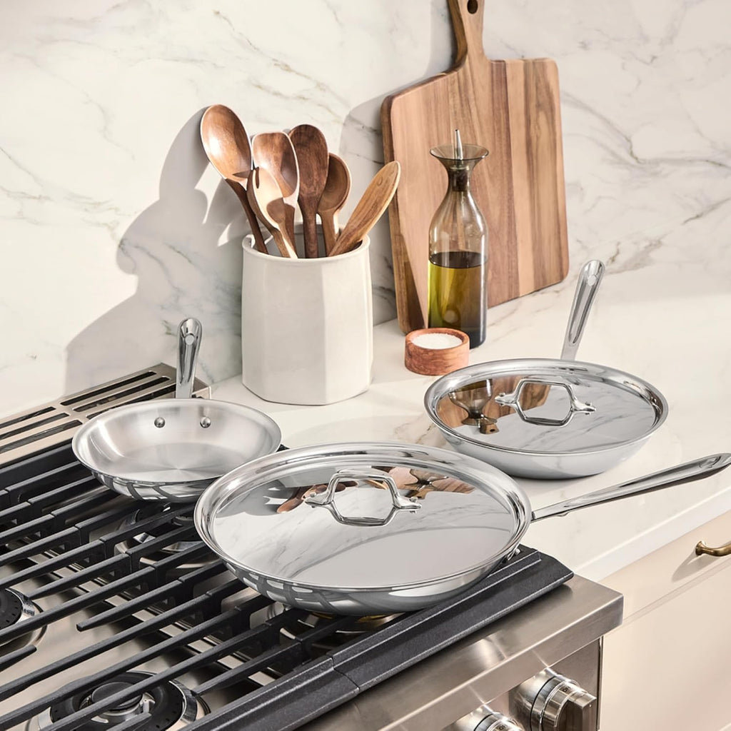 All-Clad D3® Stainless Steel 5 Piece Frypan Set- Made in USA- Includes 8", 10" and 12" Frying Pans With Lid - Professional Grade -Oven Safe & Induction Compatible