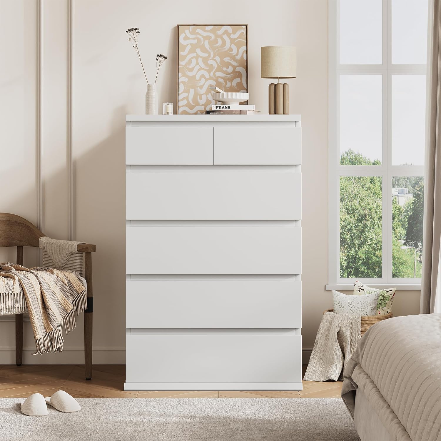 Jocoevol White Tall 6 Drawer Dresser for Bedroom,Dressers & Chests of Drawers with Jewelry Storage,Wood Storage Dresser with Deep Drawers for Living Room Hallway Entryway(40.75" L*23.62" W*15.75")