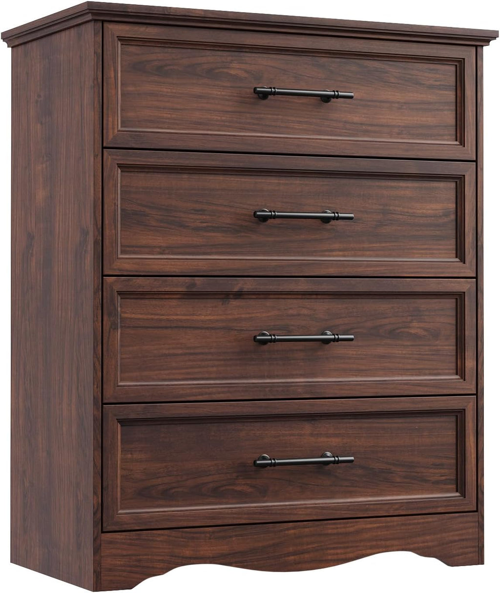 Walnut Dresser for Bedroom, Farmhouse 36" Tall 4 Drawer Chest with Sleek Brushed Metal Handles, Modern Wood Storage Cabinet with Unique Base Design, Closet Organizer for Bedroom, Living Room, Hallway