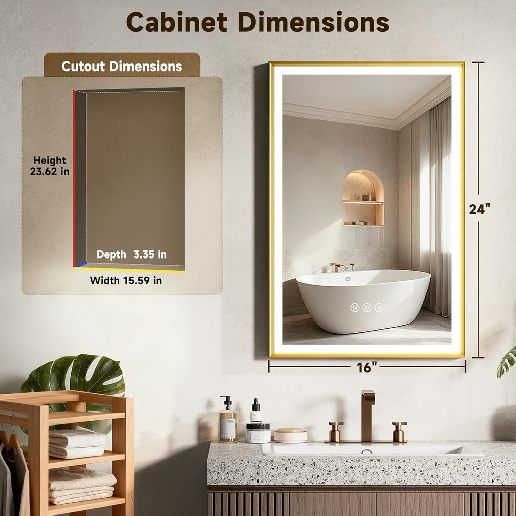 16X24 Inches Framed Medicine Cabinet with Lights, Bathroom Medicine Cabinet with 3-Color/Dimmable, Anti-Fog, Plug-in & Hardwired, Surface Mount & Recessed