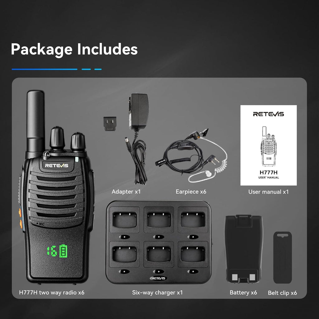 Retevis H-777H Walkie-Talkies with 6 Way Gang Charger,2 Way Radios with Earpiece,Hidden LED Segment Displays,Flashlight,USB-C,VOX,Portable FRS Two-Way Radios for Retail Property Church Hotel(6 Pack)