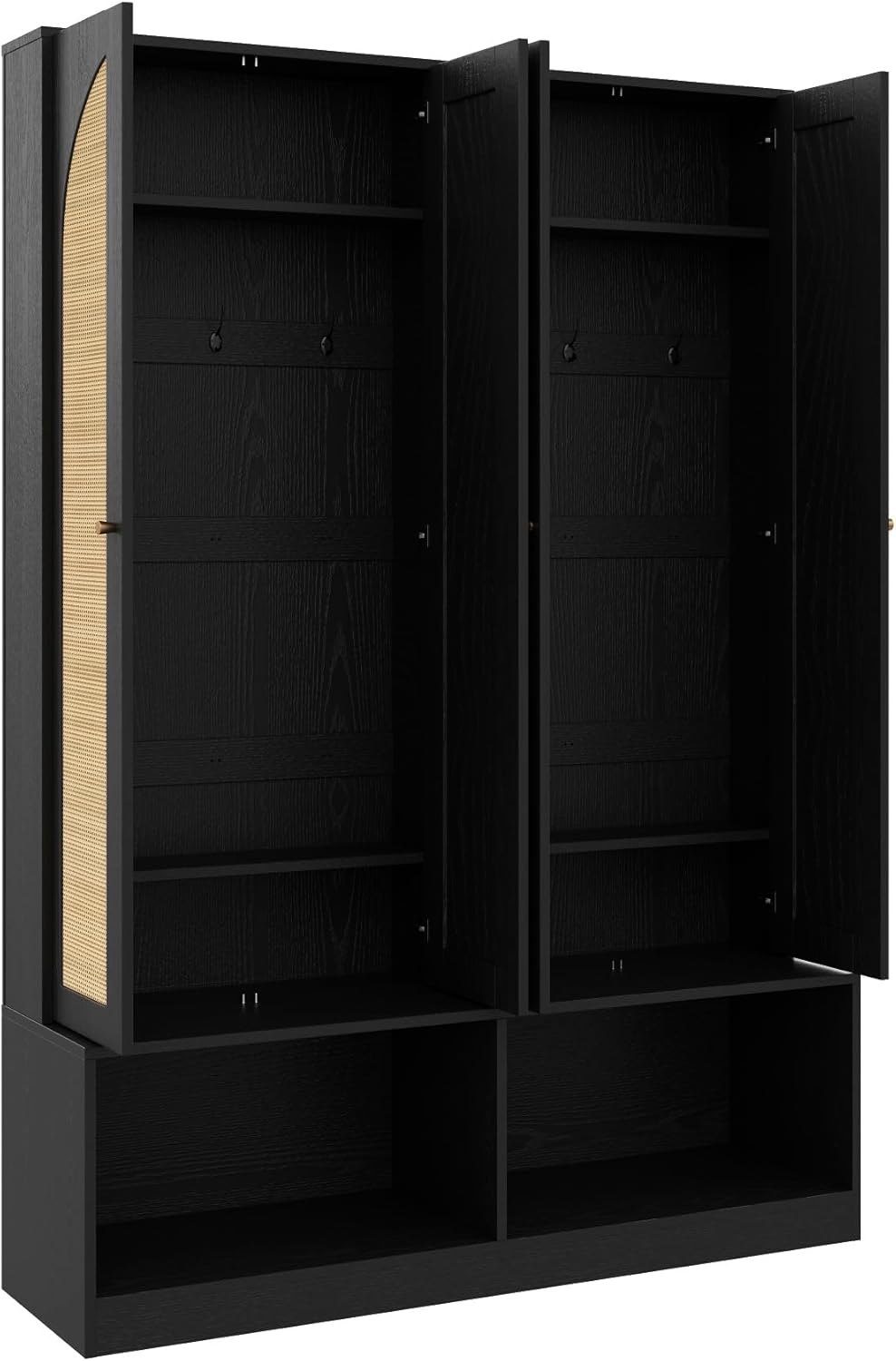 Farmhouse Widen Hall Tree with 4 Rattan Doors, Versatile 4-in-1 Coat Hanger with 6 Hooks, Mid-Century Entryway Shoe Cabinet with Adjustable Shelf for Living Room Hallway (Black-W)