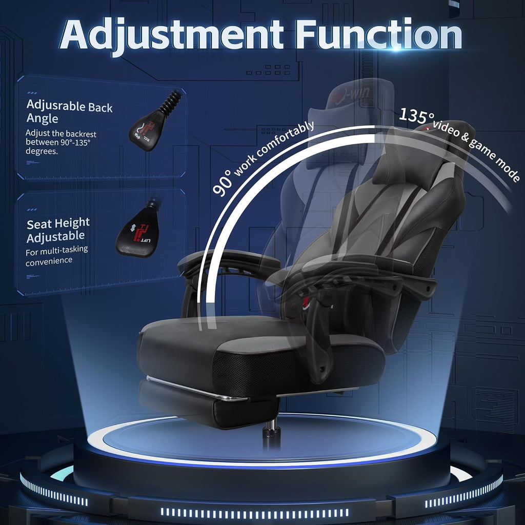 DL-win Gaming Chairs for Adults, Computer Chair with Footrest and High Back, Big and Tall Gamer Chair's with Massage Lumbar Support, 360° Swivel Height Adjustable Gaming Chair, Grey