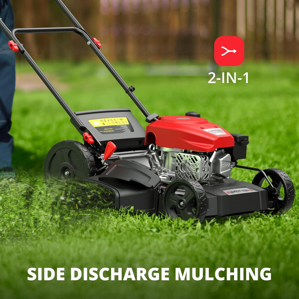 AMERISUN 21 Inch Gas Push Lawn Mower, 2-in-1 Mulching & Side Discharge, 144cc 4-Stroke OHV Engine, 6-Position Height Adjustment, Lightweight Push Mower for Small to Medium Yards
